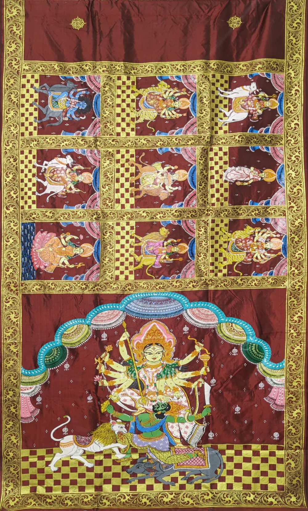 Maroon Navaratri Durga Puja Theme Hand-Painted Pattachitra Saree
